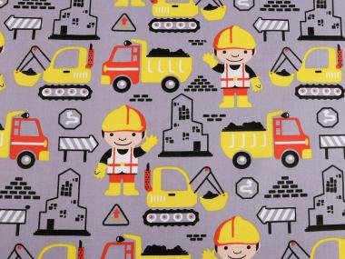 Baumwollstoff mit Kindermotiv Kinderstoff Baustelle gelb grau 