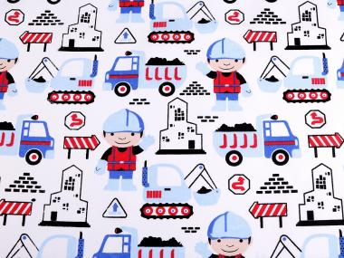 Baumwollstoff mit Kindermotiv Kinderstoff Baustelle rot-blau 