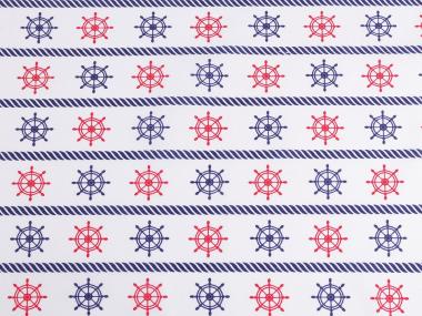 Baumwollstoff mit Steuerrad Maritim rot-blau-weiß 