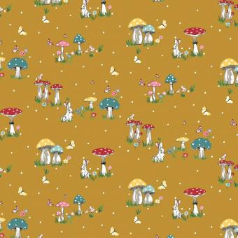 Baumwollstoff Mushroom Village Popeline ocker 