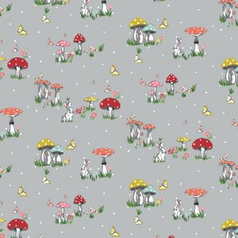 Baumwollstoff Mushroom Village Popeline grau 