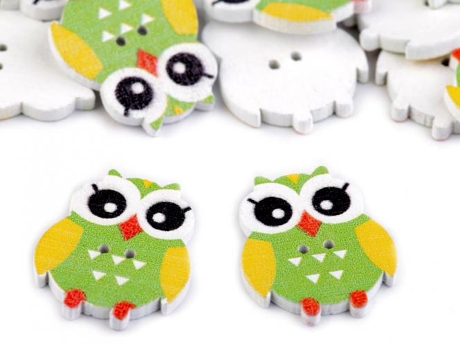 5 Knöpfe Eulen grün-gelb 