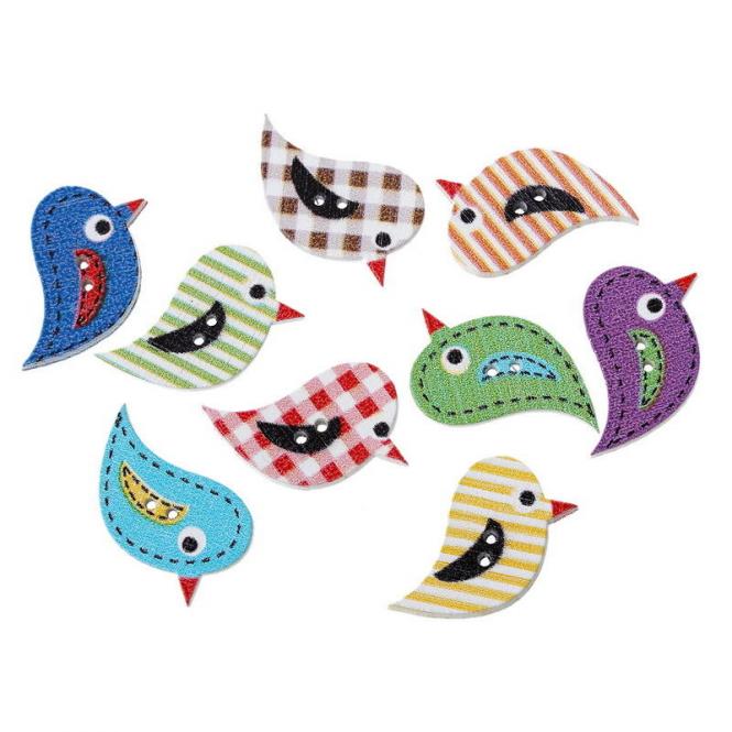 10 Holzknöpfe Vögel Mix 