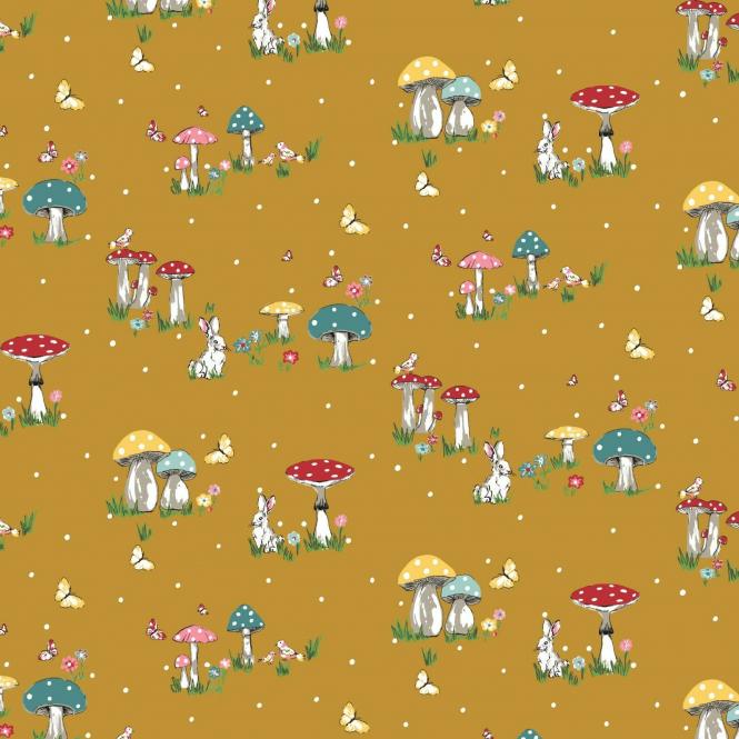 Baumwollstoff Mushroom Village Popeline ocker 