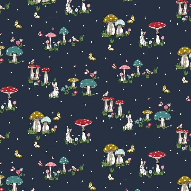 Baumwollstoff Mushroom Village Popeline dunkelblau 